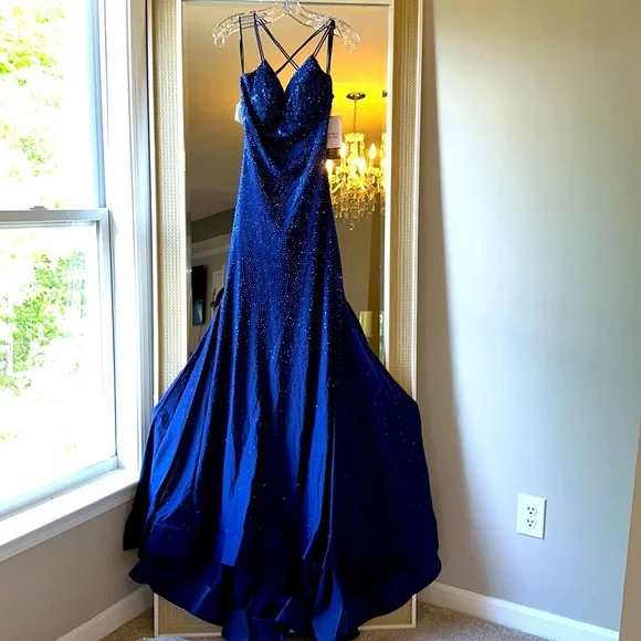 Sherri hill Rhinestone embellished jersey gown deep V neckline and lace up back. - Picture 7 of 17